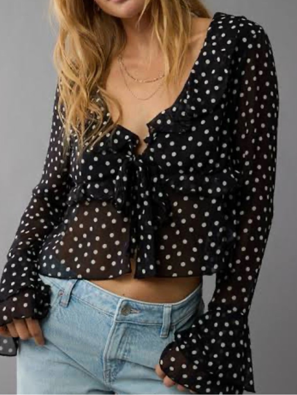 American Eagle Outfitters Black Polka Dot Ruffle Tie-Front Top